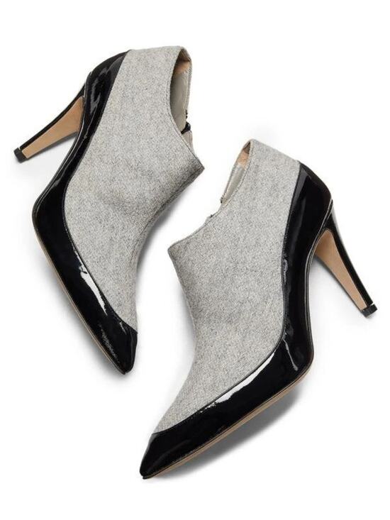 Manolo Blahnik Shoes - NEW Manolo Blahnik Archepla Gray Wool and Black Patent Ankle Booties Size 37.5